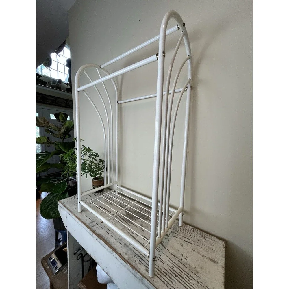Vintage MCM White Metal Towel Caddy Rack Stand Free Standing Bathroom Retro MINT